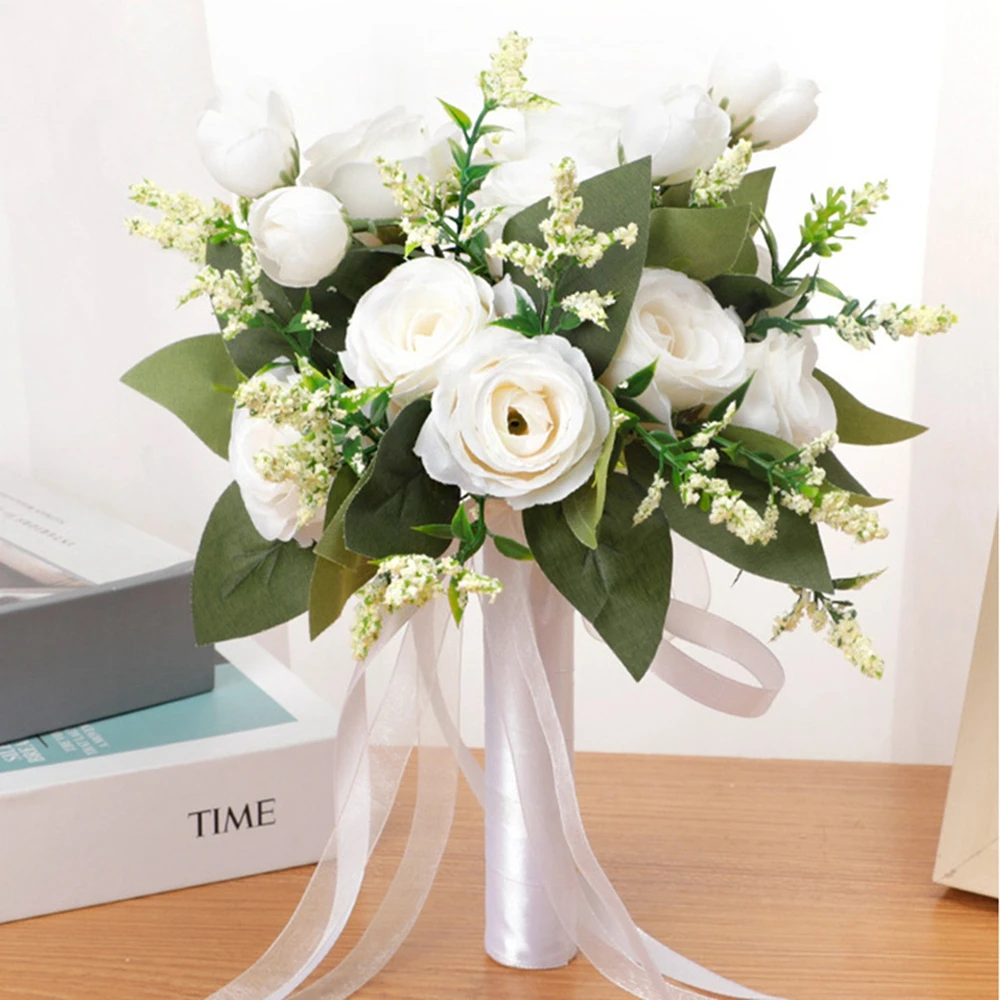 Wedding Bouquet Artificial Roses With Silk Ribbon