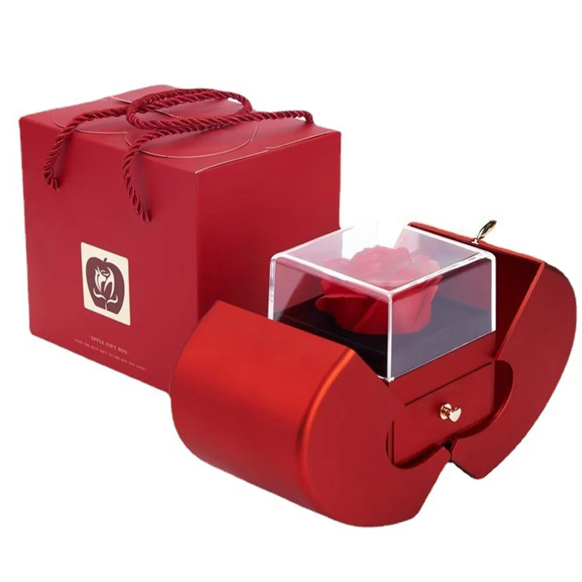 Red Apple Jewelry Box With Eternal Rose