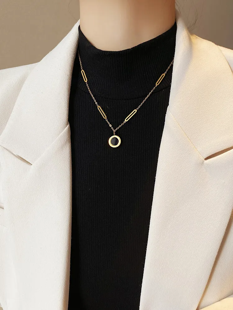 Classic Fashion Stainless Steel Roman Wafer Pendant Necklace