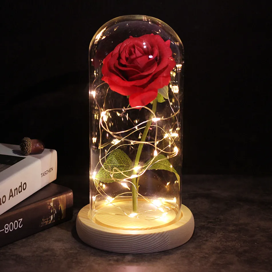 Artificial Rose With LED Under Glass Dome