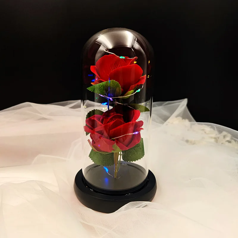 Double Eternal Red Rose In LED Glass Dome