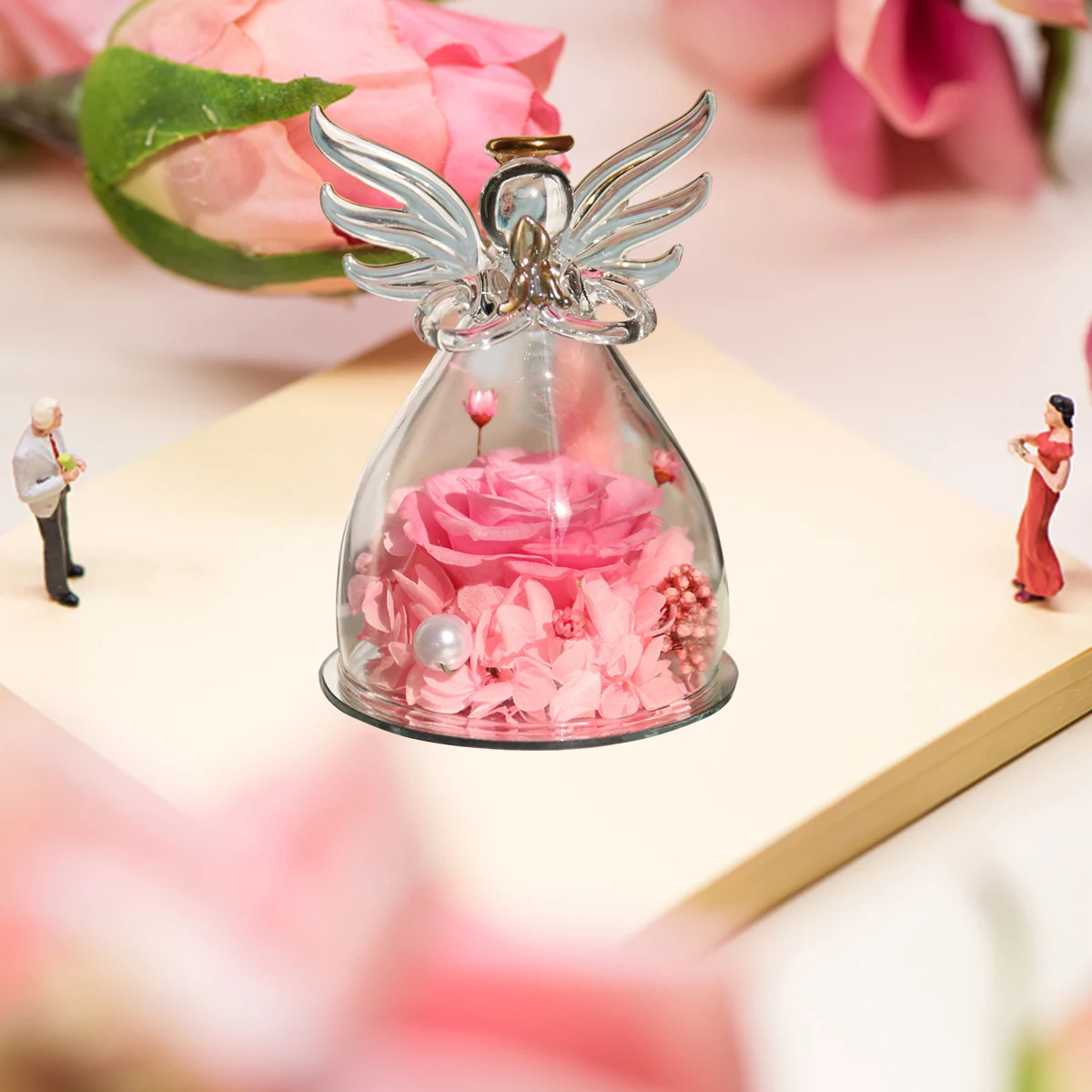 Angel Figurine with Preserved Rose in Glass Dome