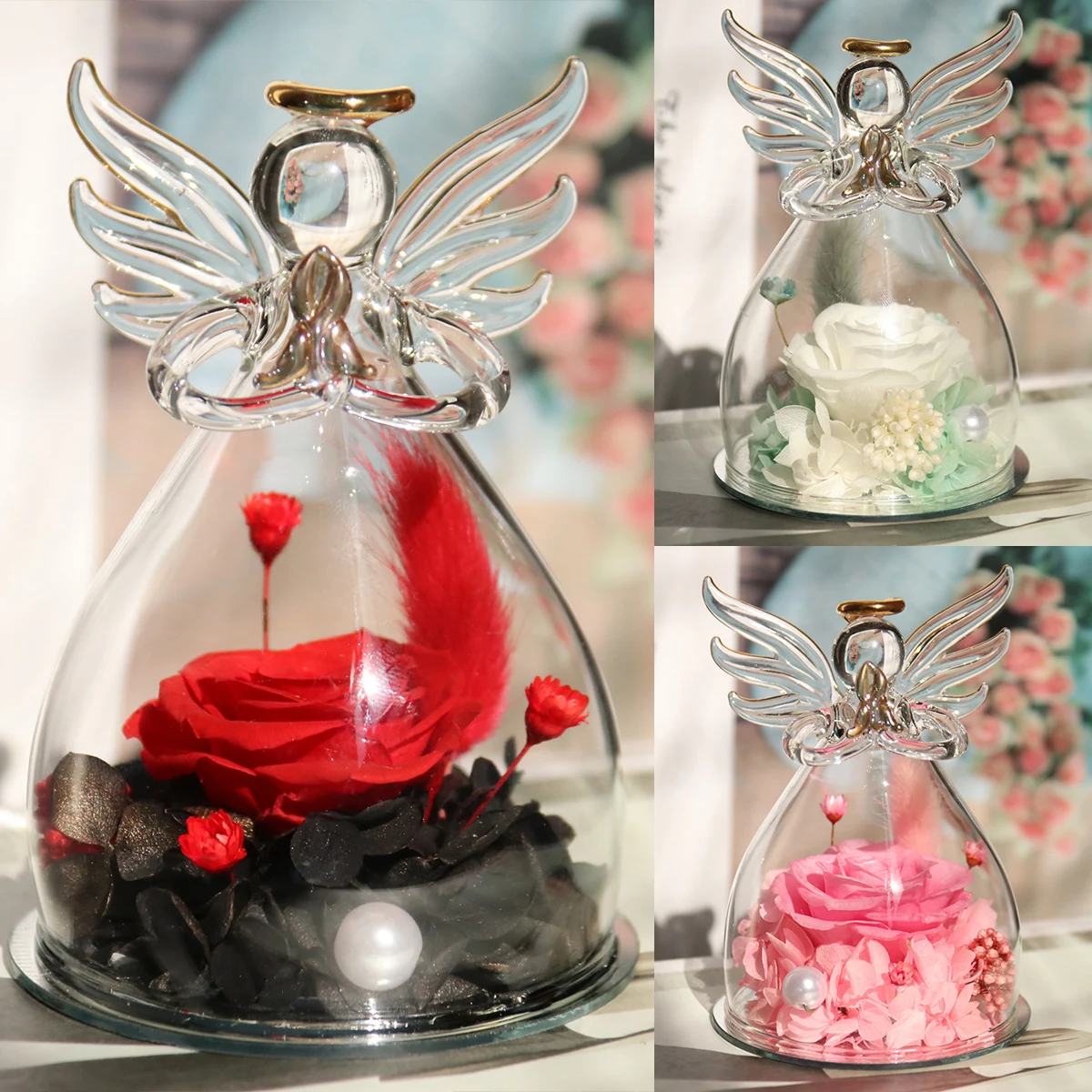 Angel Figurine with Preserved Rose in Glass Dome