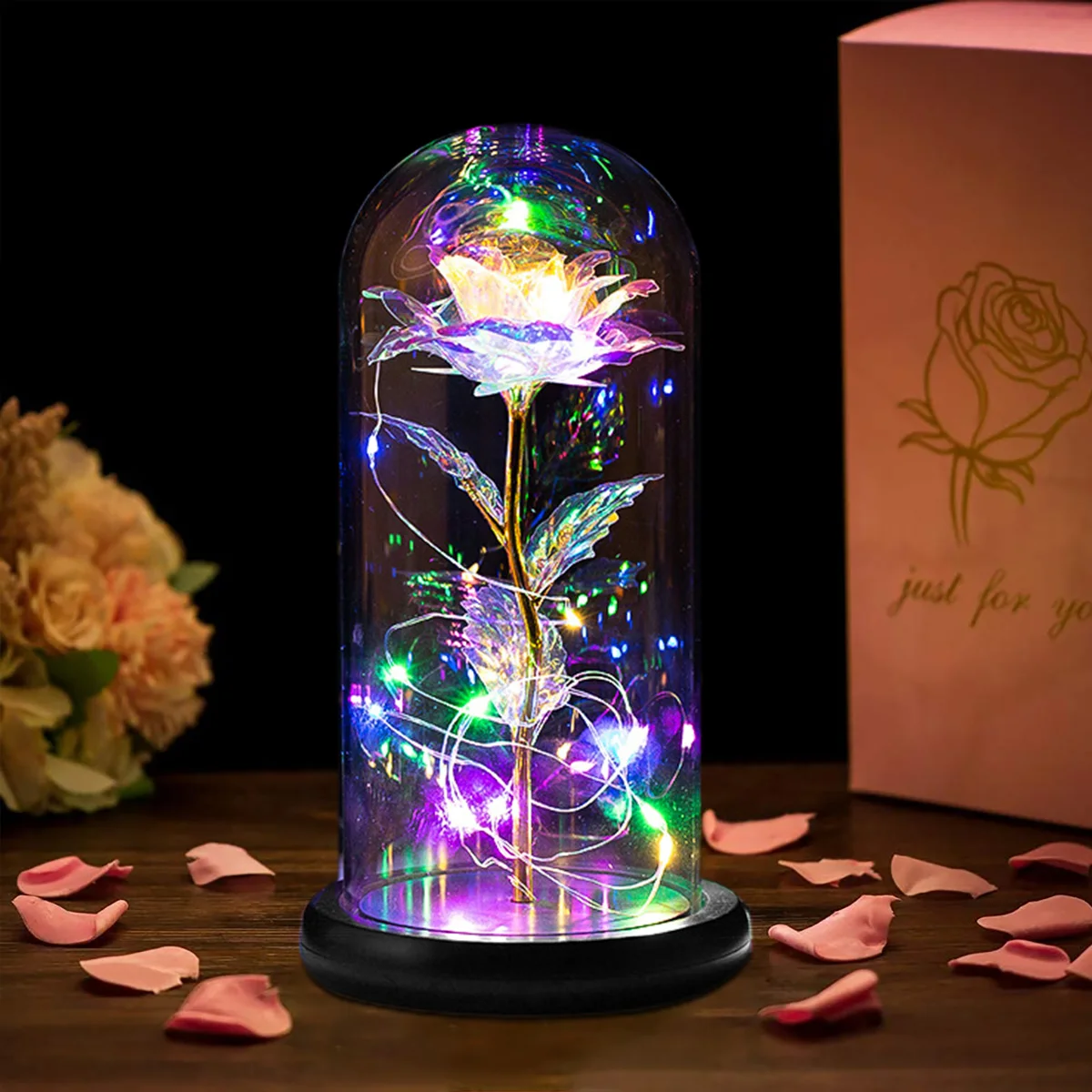 Crystal Eternal Rose In Glass Dome With LED Light