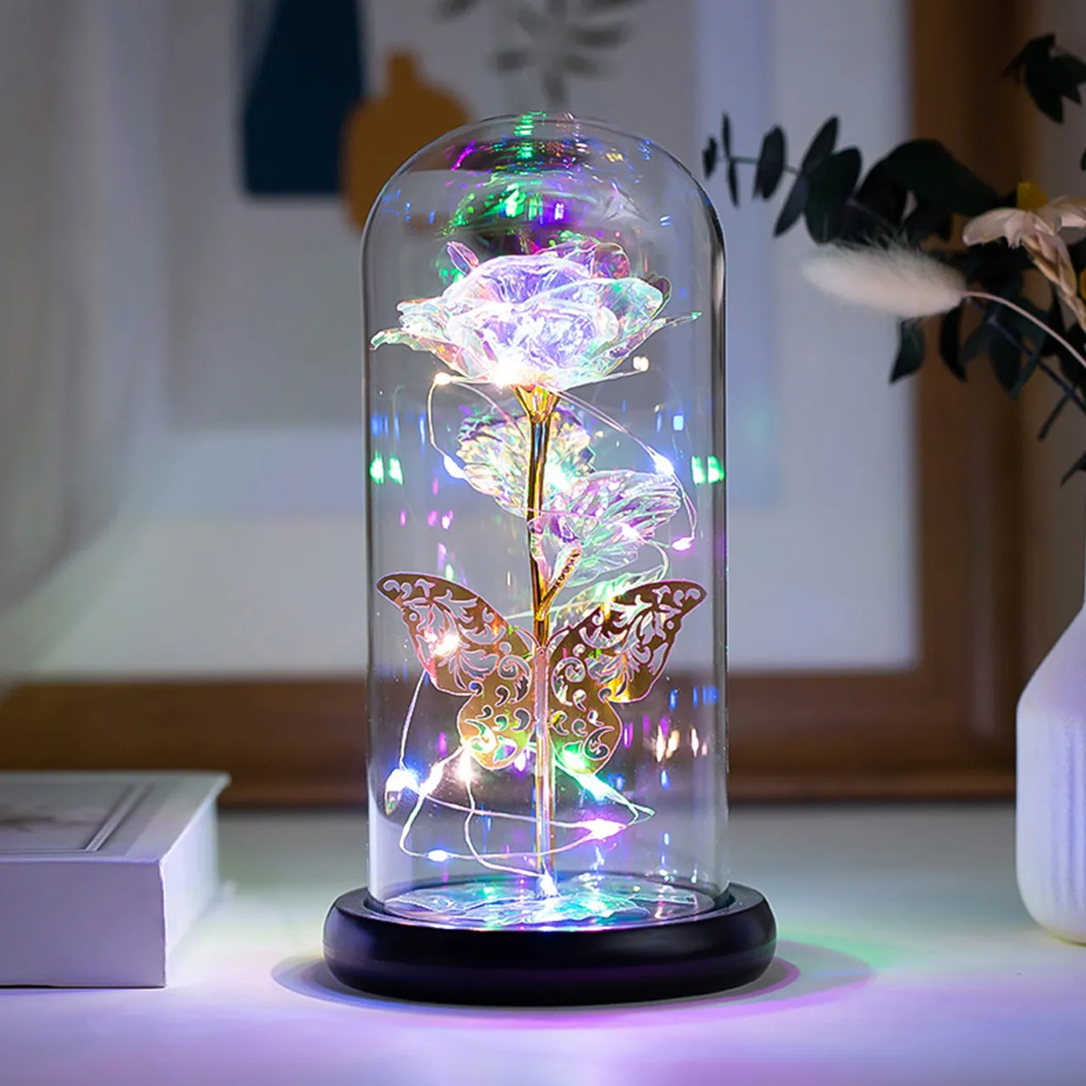 Galaxy Rose Lamp with Butterfly and Colorful LED Rose Flowers In Glass Dome