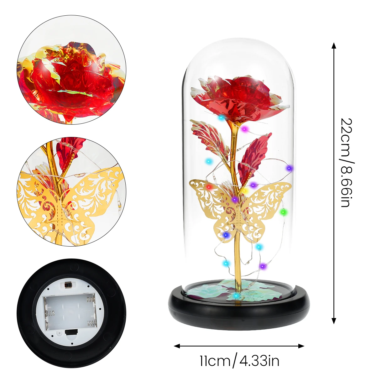 Galaxy Rose Lamp with Butterfly and Colorful LED Rose Flowers In Glass Dome