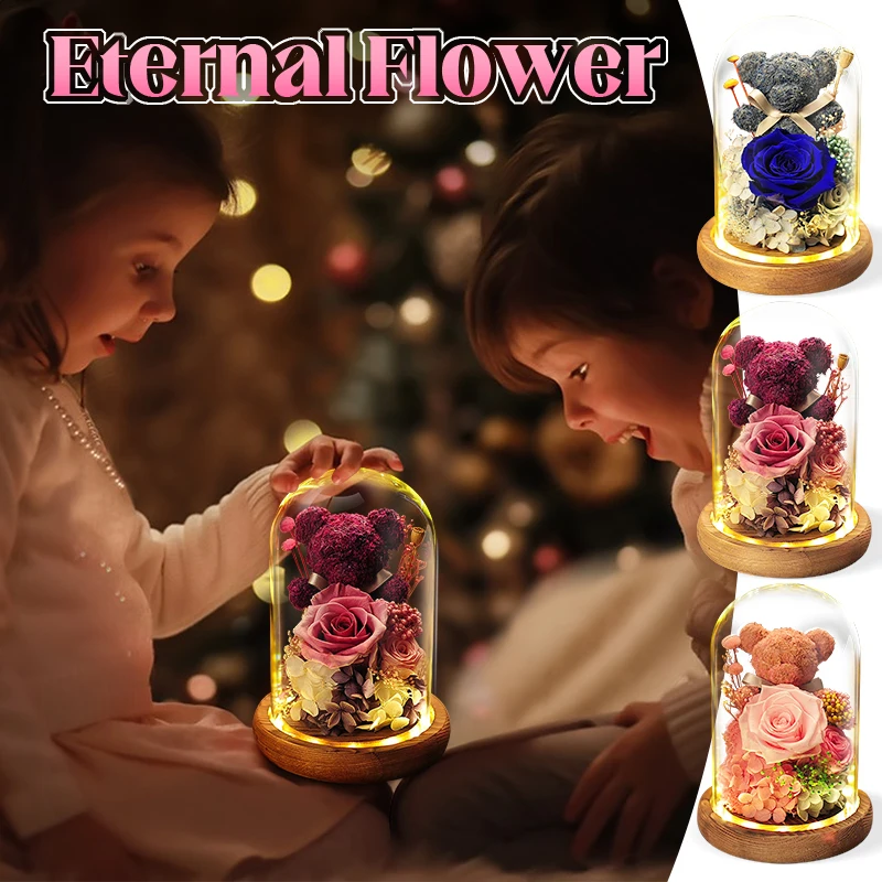 Preserved Roses With Teddy Bear in Glass Dome