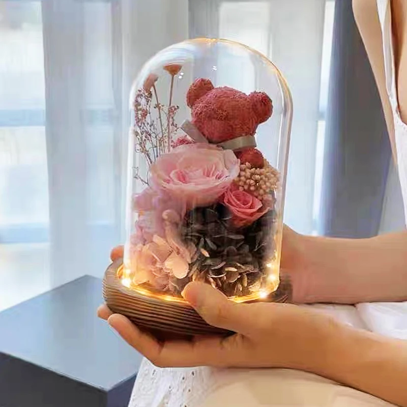 Preserved Roses With Teddy Bear in Glass Dome