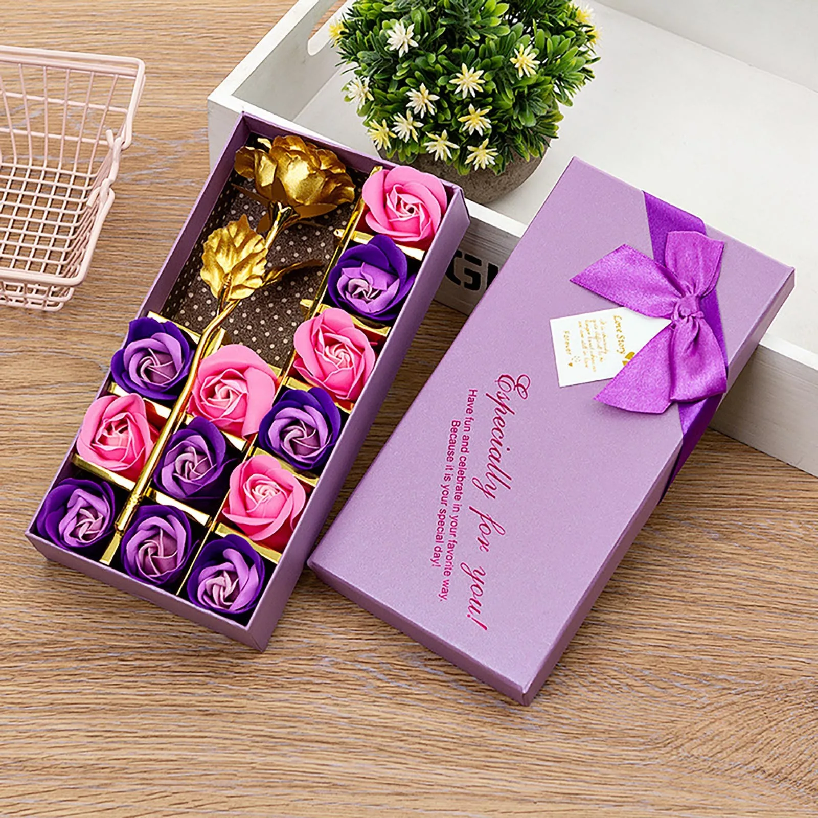 Soap Flowers And Golden Rose In Elegant Gift Box