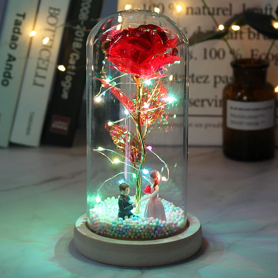 Crystal Rose With Fairy Lights In Glass Dome