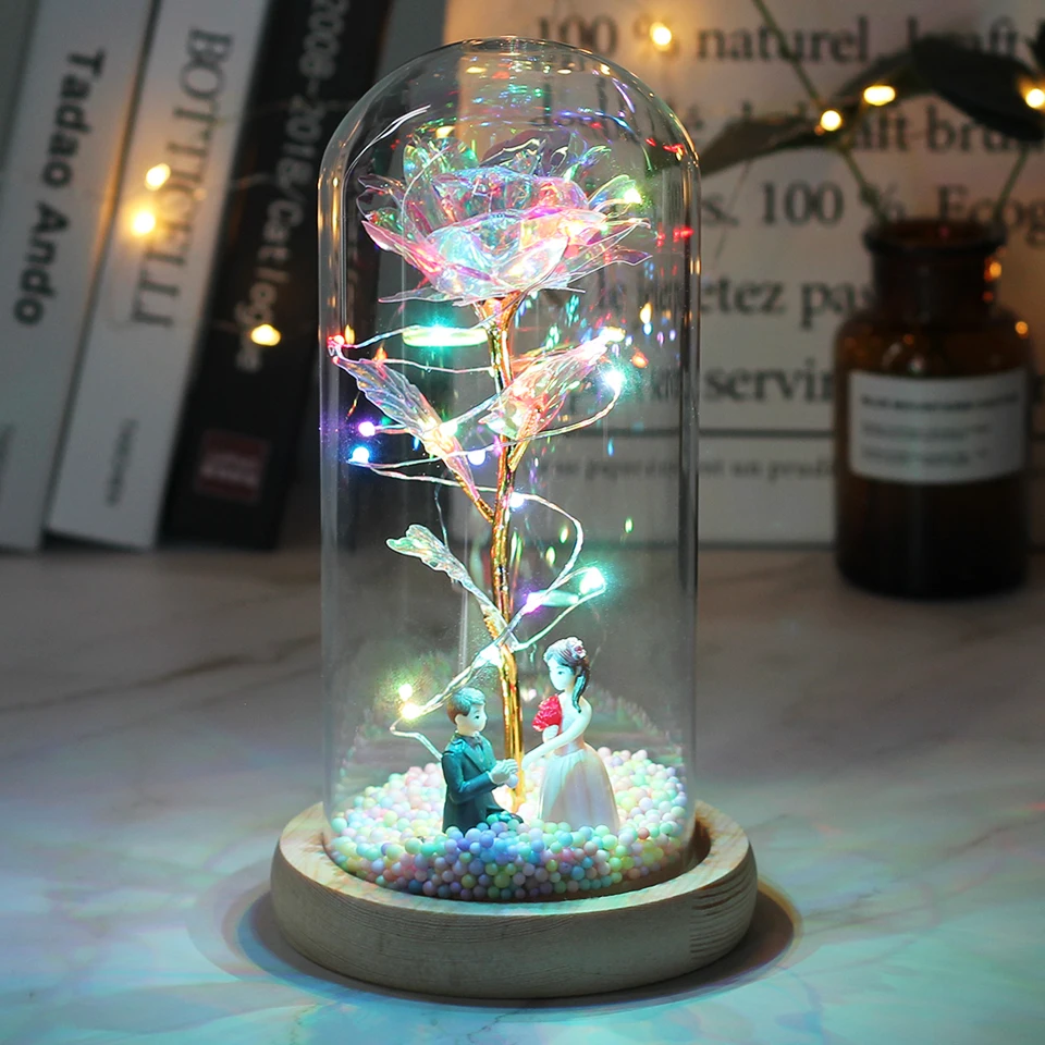 Crystal Rose With Fairy Lights In Glass Dome
